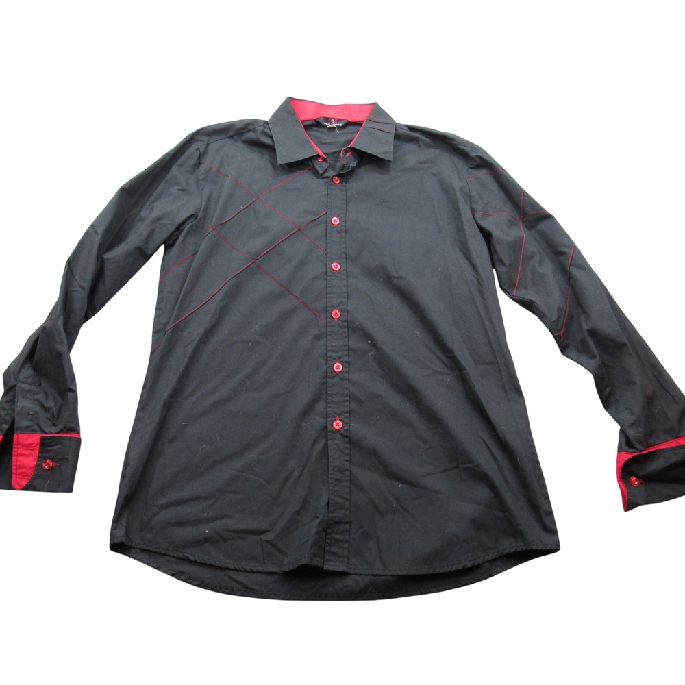 Paul Jones Mens XL‎ Black Long Sleeve Button Up Shirt Red Stitching Collar Cuffs